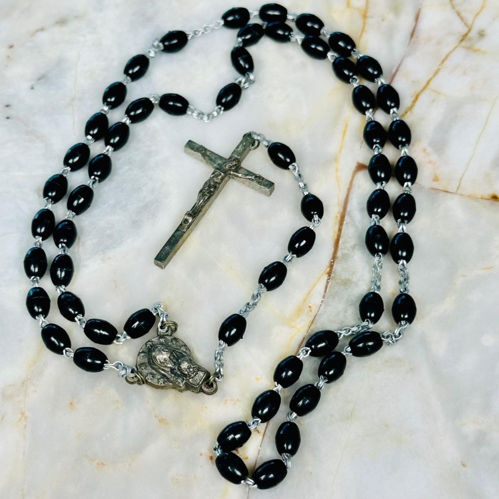 Vintage Italy Black Bead Catholic Rosary Mt Carmel Sacred Heart Crucifix 18"
